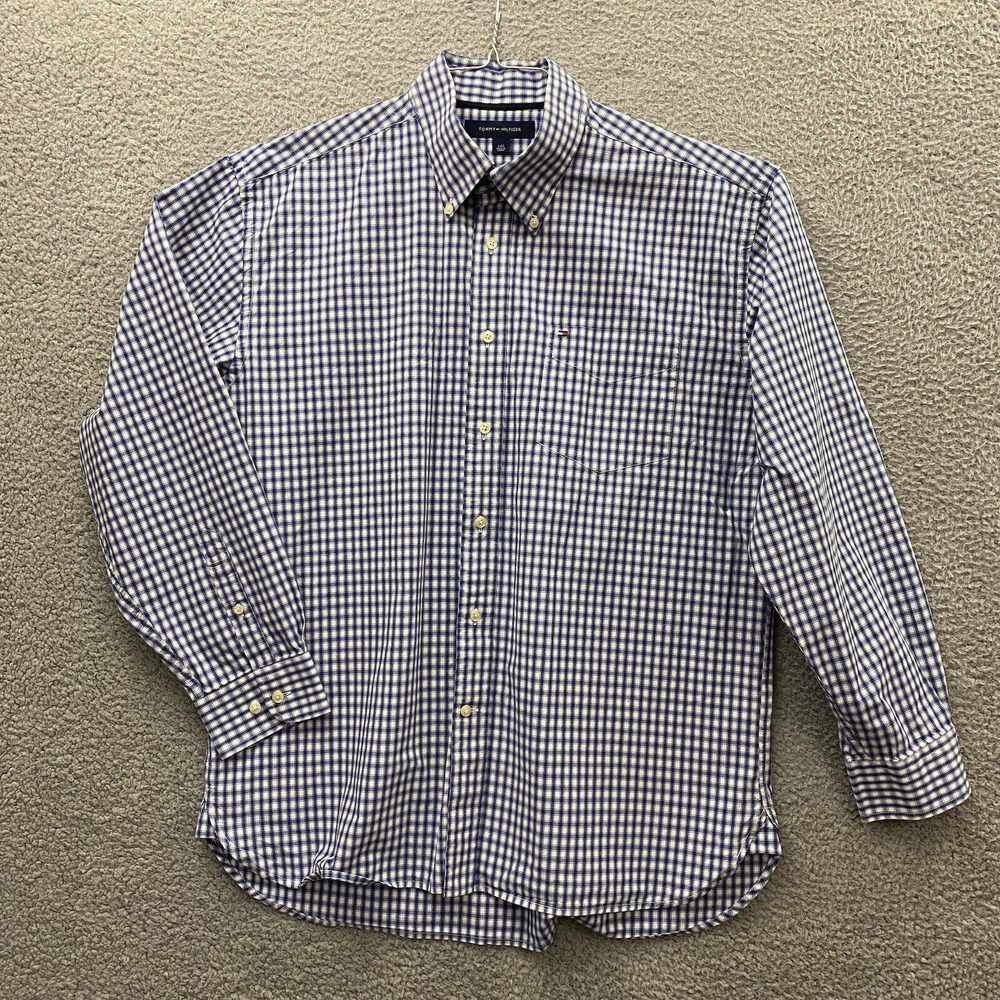 Tommy Hilfiger Shirt‎ Mens Large Blue Plaid Long Sleeve Button Down Logo